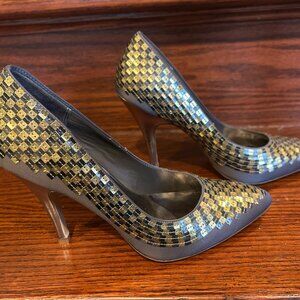 TED BAKER LANGLEY COURT LONDON SILVER GOLD SQUARE SEQUINS HEELS STILETTOS PUMPS